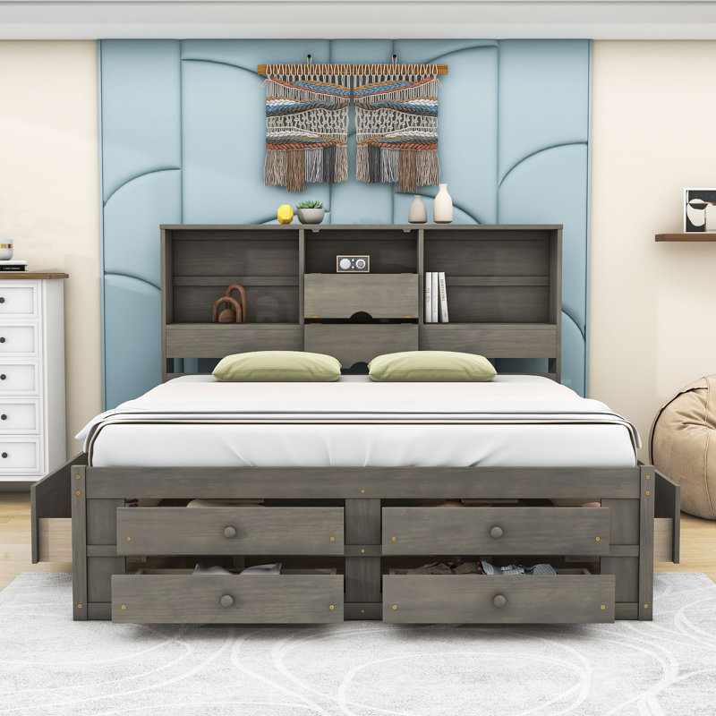 Très grand lit plateforme avec tête de lit, tiroirs et tablettes, Gris