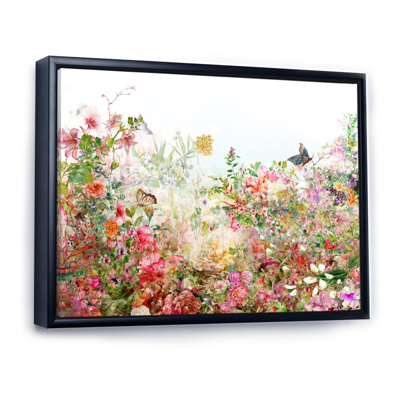 Rétro fleurs multicolores printanières VI - reproduction encadrée sur toile, H 24 po x l 36 po x P 1 po, Cadre flottant noir