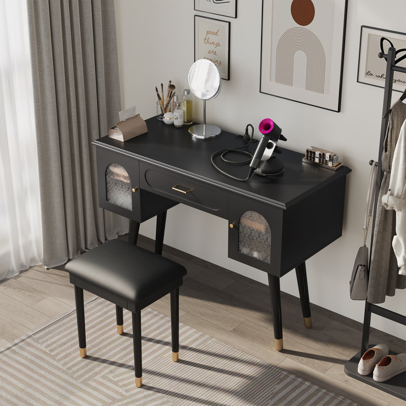 Vanity Makeup Table Chair Set, Modern Dressing Desk, Organizer, Charging Port, White