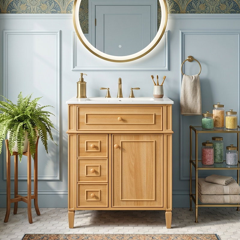 24" Freestanding Bathroom Vanity With Ceramic Sink, Solid Wood Frame, 1 Flip-Out Drawer & 1 Door Storage & 2 Soft-Close Drawers