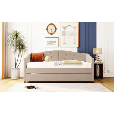 Lit de jour beige avec deux tiroirs et une structure solide - Élégant tissu d'ameublement confortable de taille simple