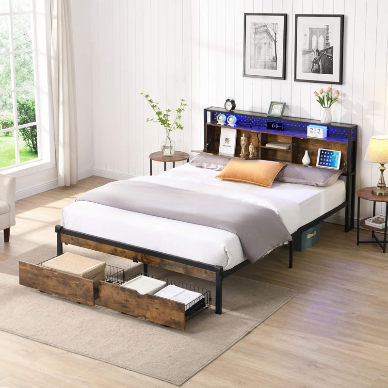 Base de lit plateforme en métal avec tête et pied de lit en bois - chargement USB, lumières DEL, 2 tiroirs de rangement, aucun sommier nécessaire