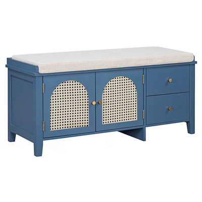 Shoe Storage Bench, Vintage Shoe Bench With Storage And Cushion, Shoe Bench With 2 Drawers And 2 Rattan Door
