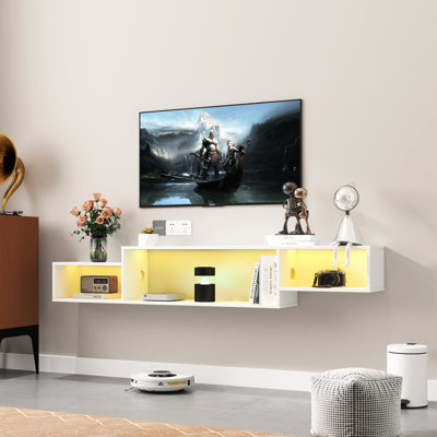 64.64In Wall Mounted Floating Tv Rack With 20 Color & Charging Socket, Space Efficient, For 50-59 Inch Tvs, Fashionable Table And Station, 64.64In, Saver, Suits Modern