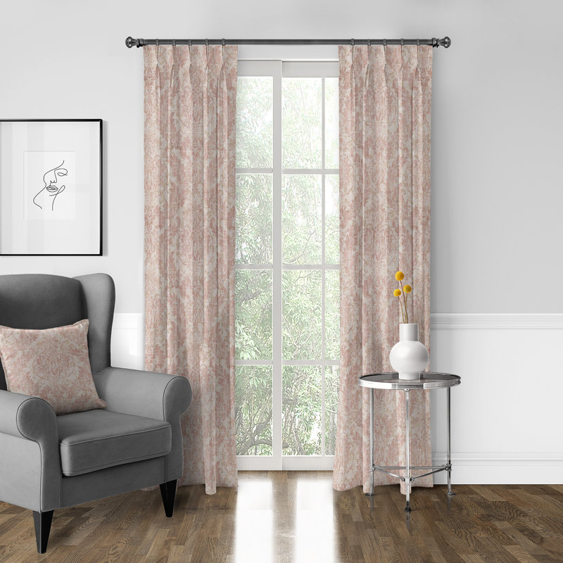 Bordeau Linen Damask Room Darkening Pinch Pleat Pocket Single Curtain Panel, 20" W x 144" L, Blush