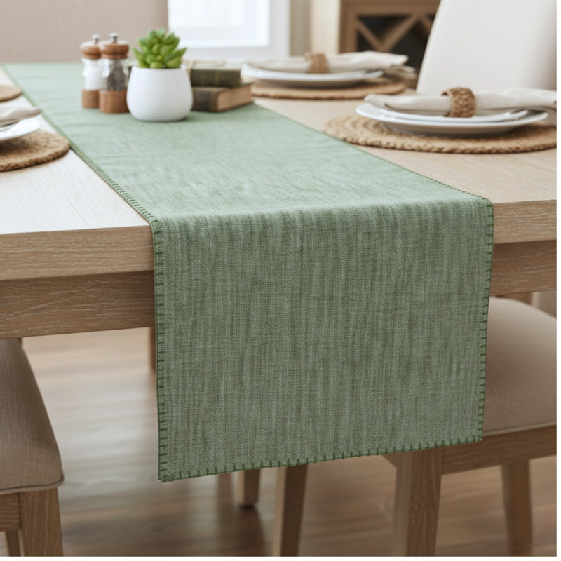 Chemin de table en coton avec bords cousus décoratifs, écharpe de commode, couvercle supérieur de meuble, Vert, L 36 po