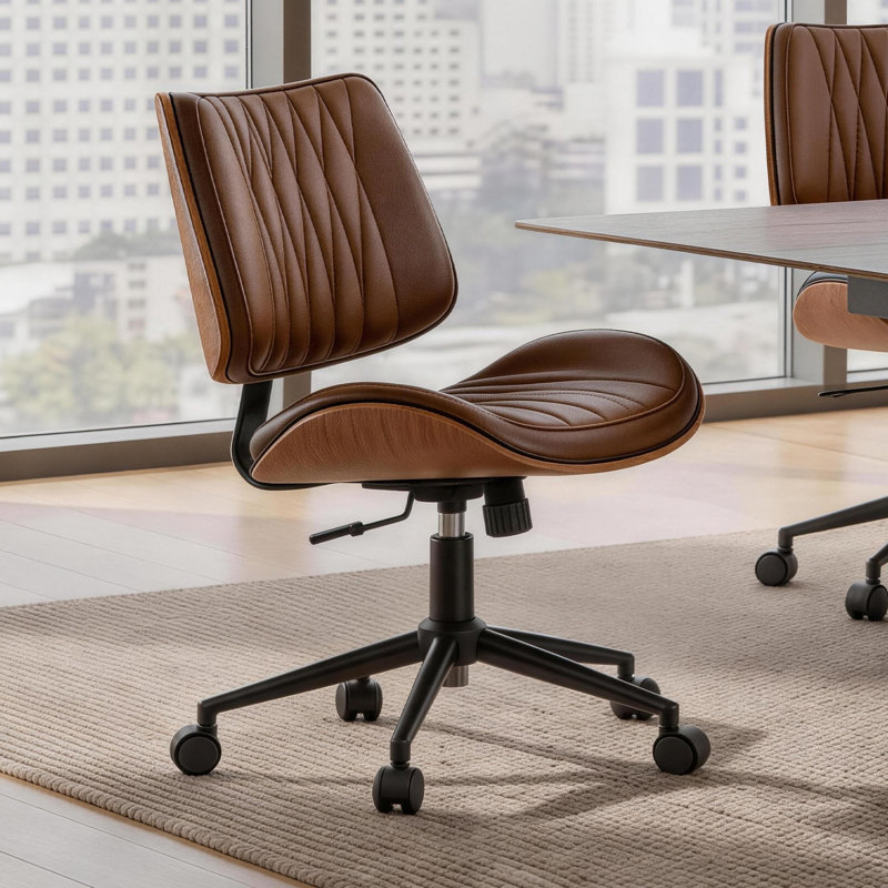 Modern Walnut Bentwood Armless Task Chair with Diamond Tufted Backrest, Khaki