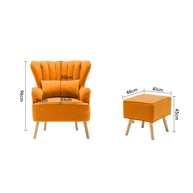 Tybalt Velvet Wingback Chair with Footstool, Orange