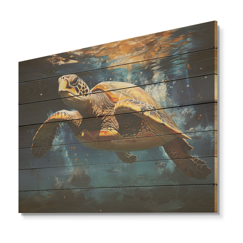 Tidal Tranquillity Oceanic Turtle II - Turtle Animal On Wood Print, 10" H x 20" W x 0.78" D