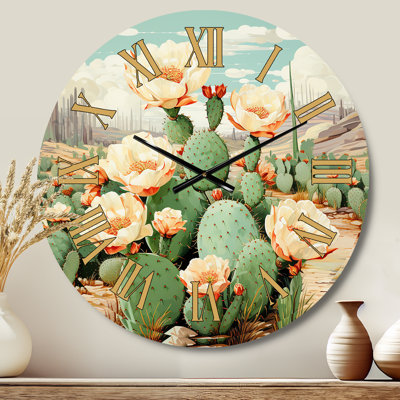 Coral Green Cactus Desert Blooms Pointillism IV - Floral Golden Face Wall Clock