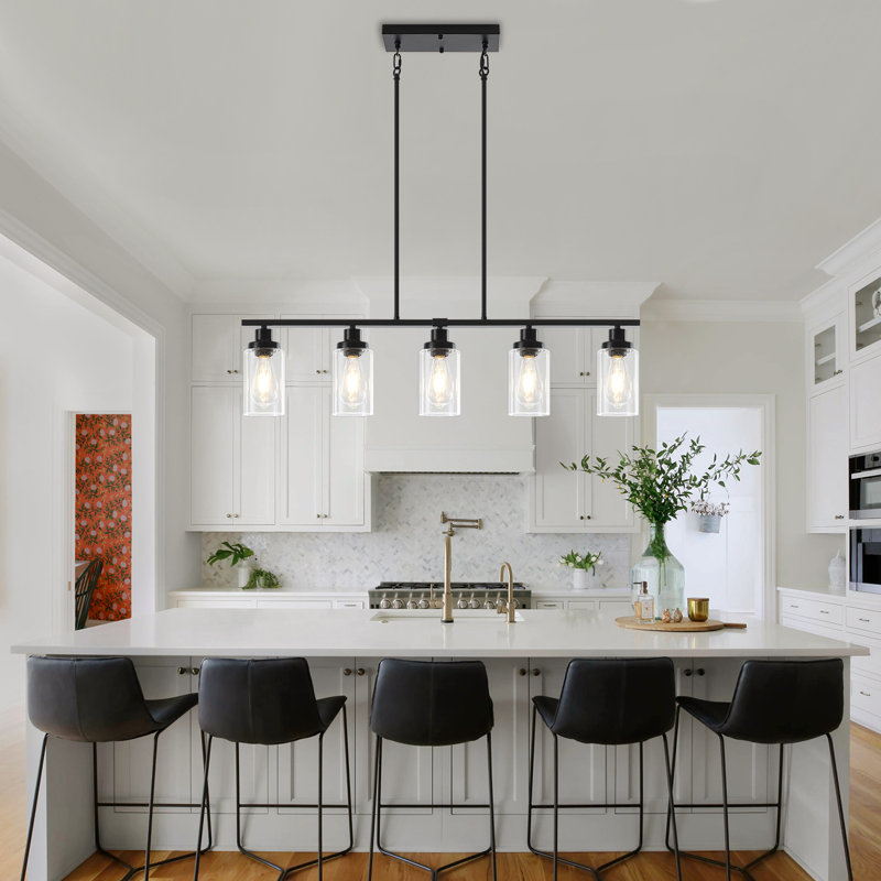 Luminaire suspendu linéaire moderne à 5 lumières avec abat-jour en verre transparent, Matte Black, 5 lumières