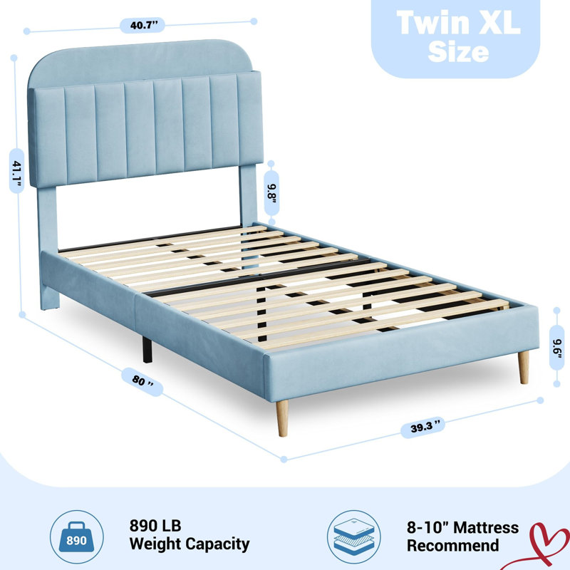 Twin/Twin XL Bed Frame with Storage Headboard Velvet Upholstered Platform Bedframe for Kids No Box Spring Needed