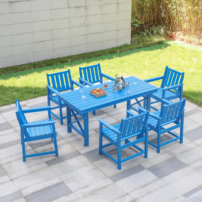 Ensemble de salle à manger d'extérieur 7 pièces en PEHD, ensemble de salle à manger de patio avec trou pour parasol, ensemble de table d'extérieur toutes saisons pour 6 personnes, ensemble de meubles de patio en PEHD pour terrasse, cour, pelouse et b