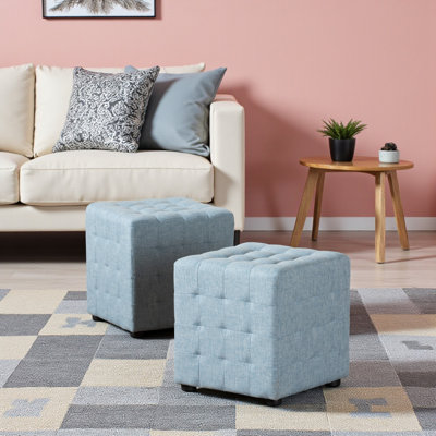 Charlise Light Blue Fabric Upholstered Tufted Cube Ottoman Set of 2, 14.85" H X 13.84" W X 13.84" D