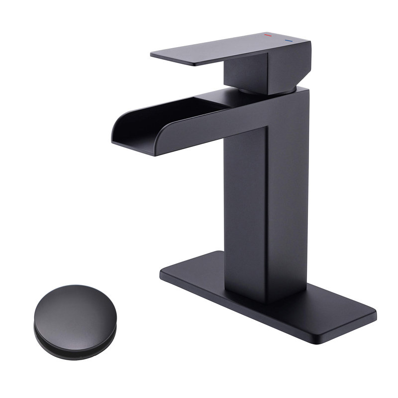 Robinet de lavabo de salle de bain à poignée simple avec bonde escamotable Waterfall, Noir mat