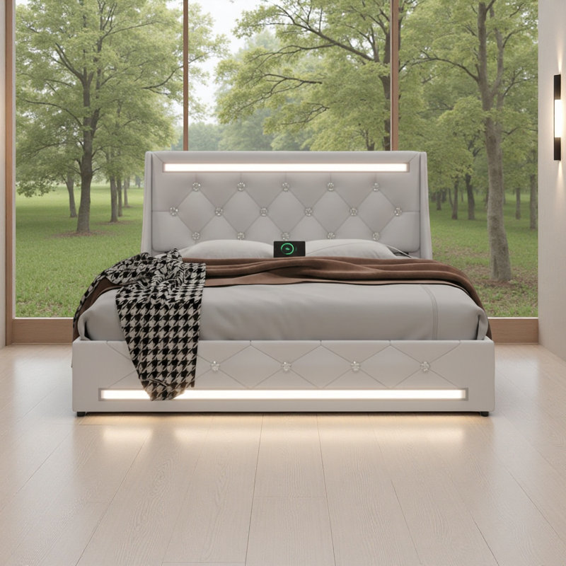 Structure de lit tapissier avec station de charge, lit plateforme avec tête de lit Diamond, lattes en bois, Grand lit, Blanc