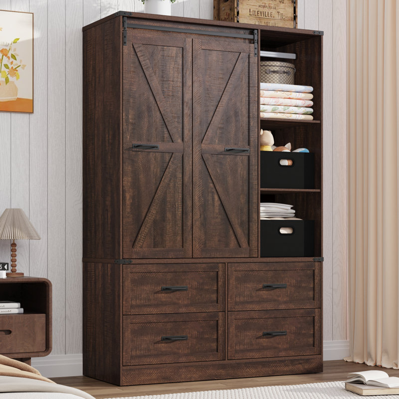 73.00''H Armoire Wardrobe With Sensor Light, Drawers, And Hanging Rod, Rustic Brown