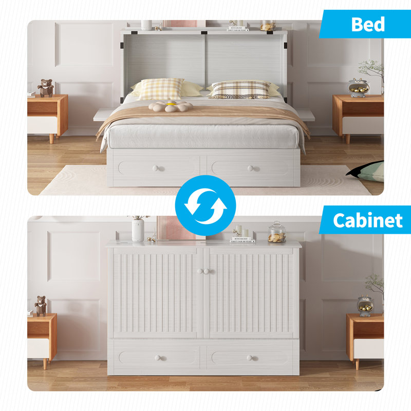 Queen Murphy Bed Cabinet with USB, 2 Drawers (Mattress Not Included), White