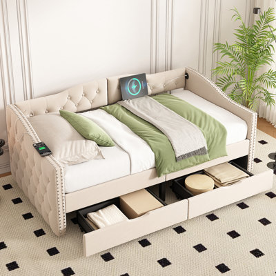 Upholstered Daybed With Storage Drawers And USB Ports