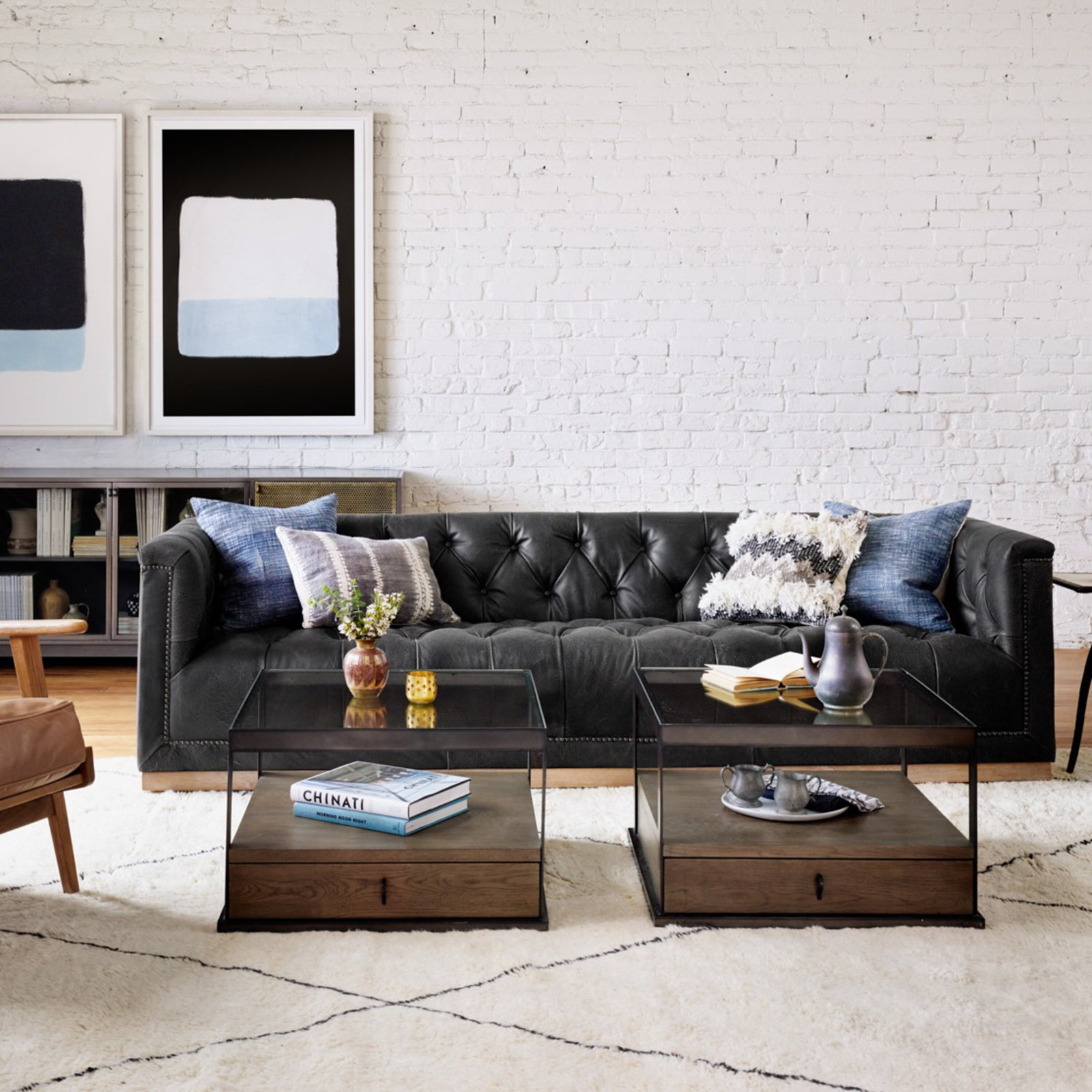 Byer 95'' Upholstered Sofa, Destroyed Black Top Grain Leather, 95"