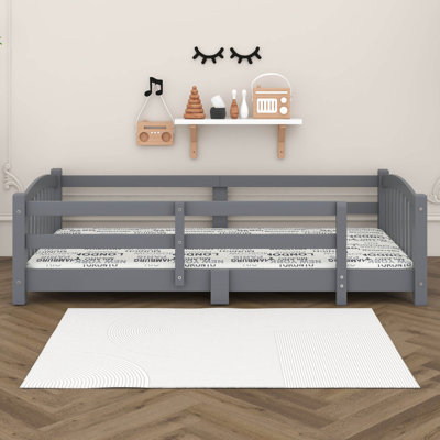 Twin Size Floor Bed, Wood Bed Frame With Slats And Guardrails For Bedroom, No Box Spring Needed