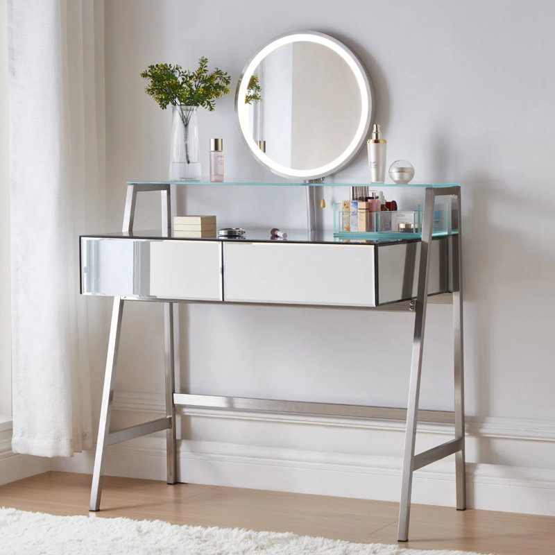33.9" Mirrored Makeup Vanity Desk With LED Mirror, 2 Big Drawers, Open Shelf, Dressing Table With Charging Station For Bedroom, Silver