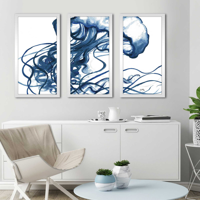 «Jellyfish In The Blues» par Elizabeth Medley - 3 cadres photo, reproduction d'art, L 40,5 po x H 25,5 po x P 1 po