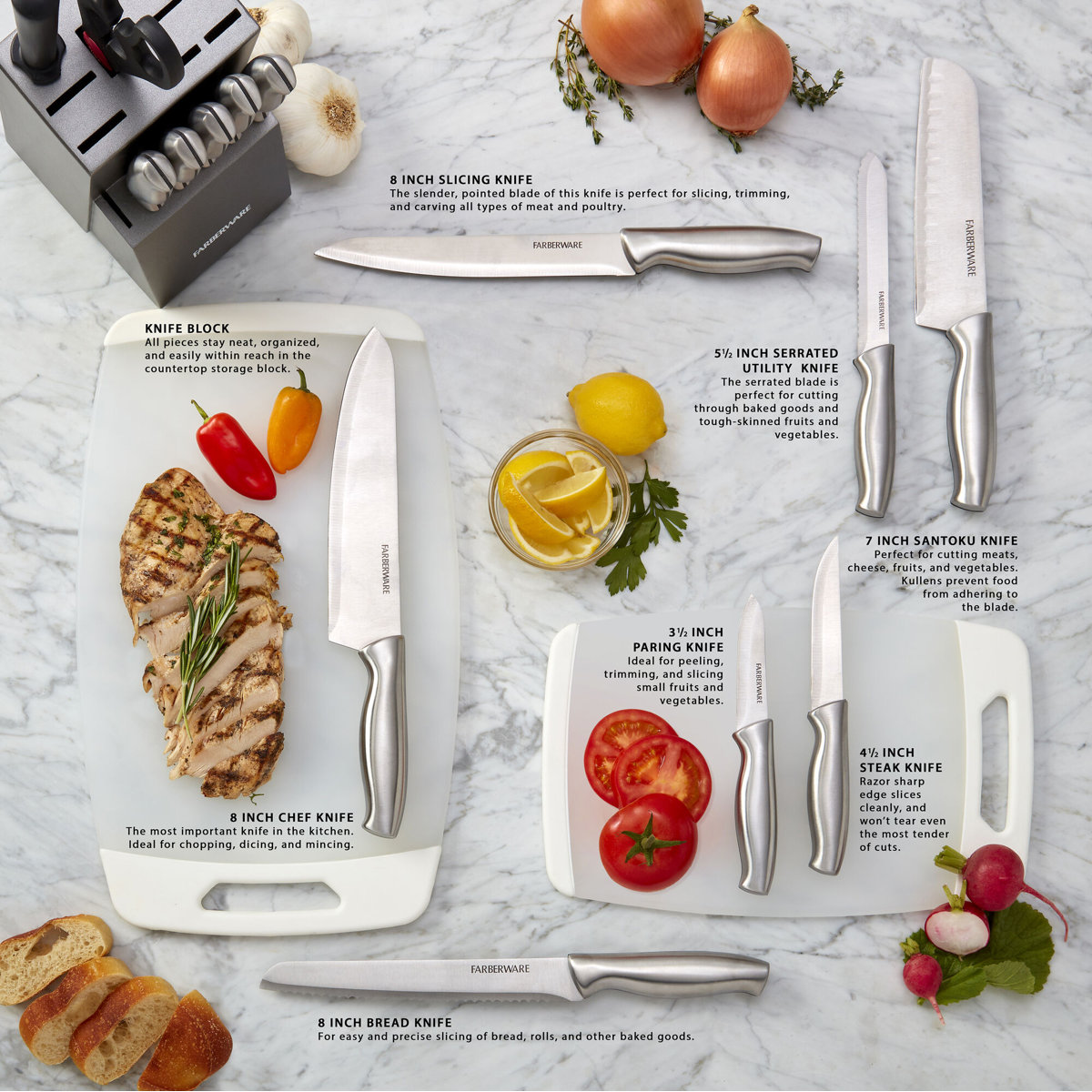 Farberware Stamped 15-Piece High-Carbon Stainless Steel Knife Block Set with Steak Knives & 3-Piece Bamboo Cutting Board - Thumbnail 3