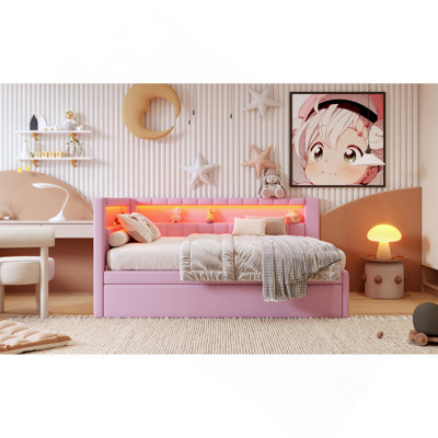 Lit plateforme tapissier pleine grandeur avec ports USB et ceinture à DEL, avec lit gigogne, rose