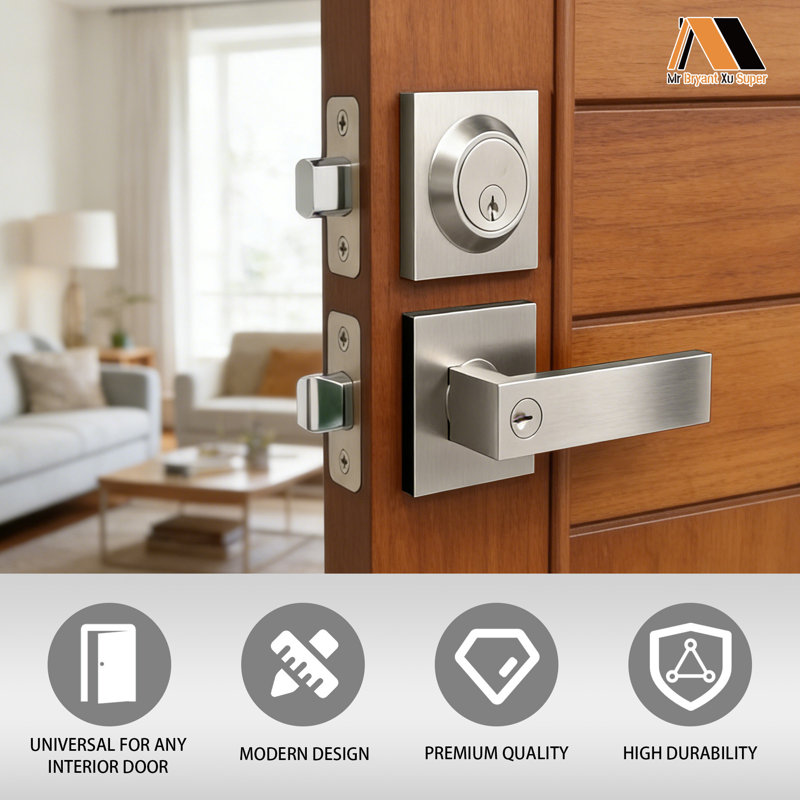 Poignées de porte intérieures, poignées de porte intérieures, poignée de porte en nickel avec levier réversible, serrures de porte à clé identiques pour chambre à coucher, serrures de porte robustes, nickel satiné
