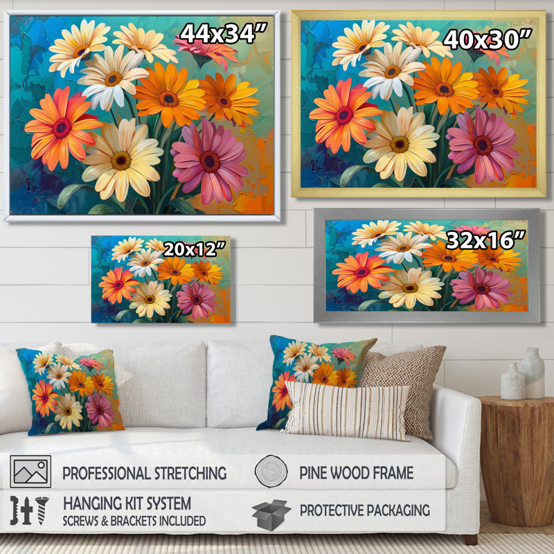 Impression florale vibrante de marguerites multicolores II - marguerites, Cadre flottant noir, H 12 po x l 20 po