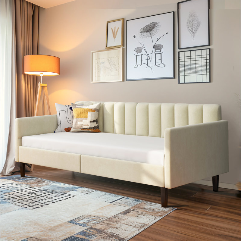 Beige Velvet Upholstered Twin Daybed with Tufted Back and Metal Frame