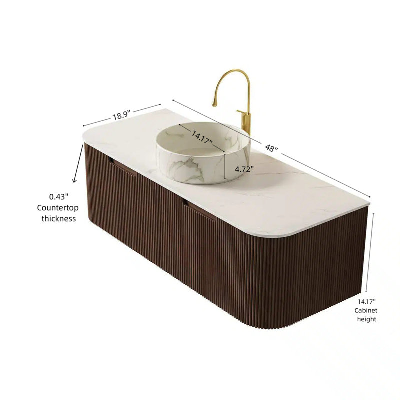 Meuble-lavabo 48 po, meuble-lavabo rayé à bords arrondis avec 2 tiroirs, lavabo rond en céramique blanc et plateau en pierre frittée blanc de Carrare