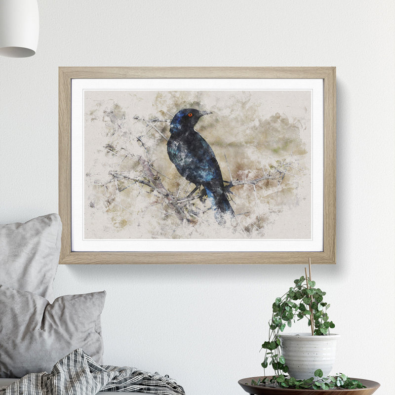 Starling Bird Watercolour - Picture Frame Graphic Art, Oak, 27cm H x 36cm W x 2cm D