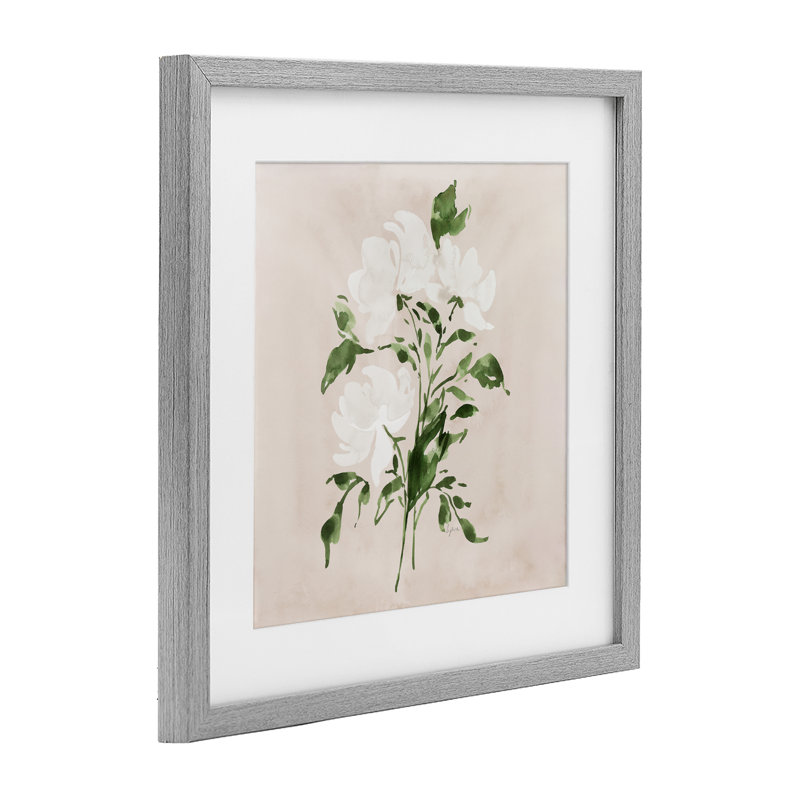 «White On Tan Blossom», reproduction sous verre encadrée, par Lucille Price, H 16 po x l 16 po, Cadre de ferme gris