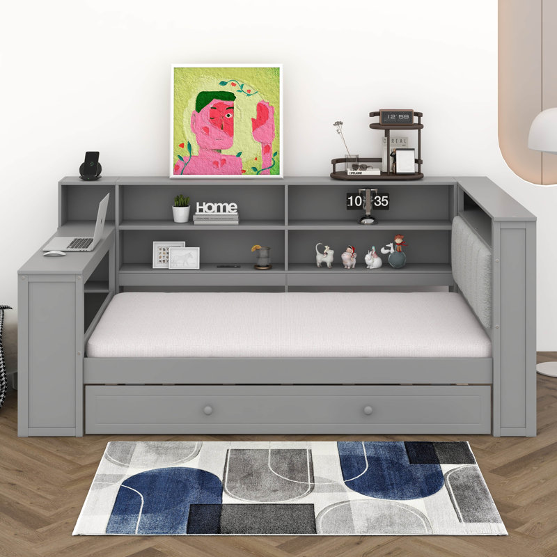 Multi-Functional Twin Size Daybed With Trundle, Built-In Desk, Wood Corner Bed With 8 Storage Shelves, Charging Station, And Upholstered Headboard