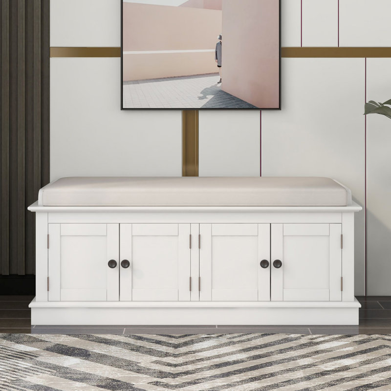 Hippolytus 42.7"Wood Storage Shoe Bench with 4 Doors and Adjustable Shelves and Removable Cushion, White