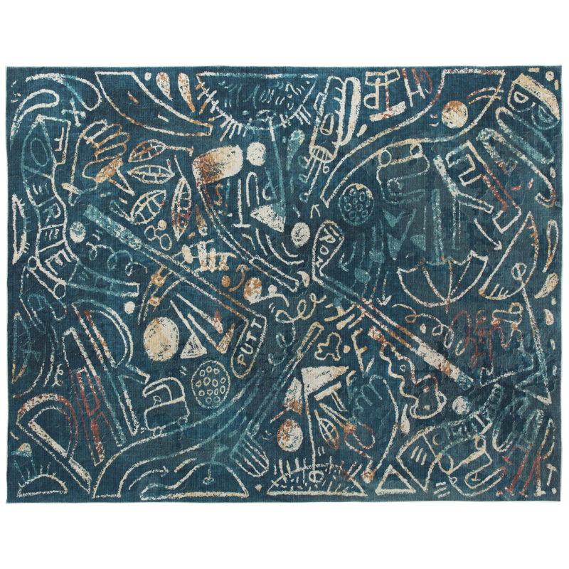Sportsglyphs Golf Black Power Loom Polyester Area Rug, Rectangle 6' x 8'9", Blue