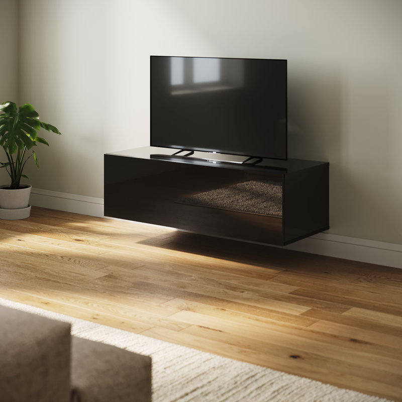 High Gloss UV panel Floating TV Cabinet, Wall & Floor Dual Use Soft Close Flip Door TV Stand, 30cm H x 100cm W x 40cm D
