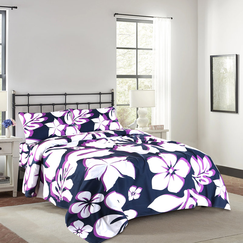 Ensemble de draps 100% coton Floral, Ensemble de drap pour lit très grand avec drap-ho, Soleil mauve