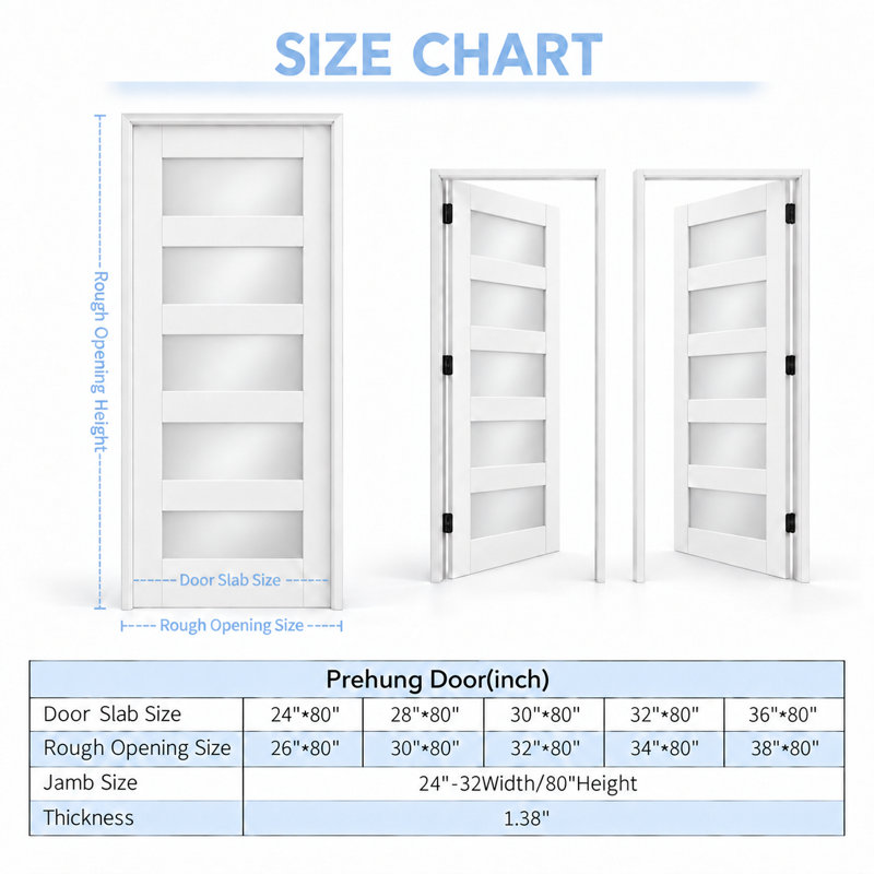 Porte intérieure démontable avec cadre, 5 carreaux en verre dépoli, préusinée avec poignée à clé noire, 28 po x 80 po, Left