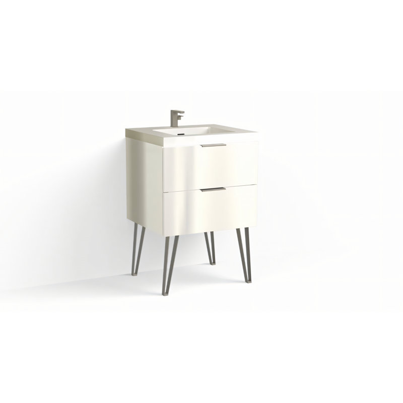 Avila 24" W Freestanding Single Bathroom Vanity with Dawson Leg, Gloss White/Single, White Acrylic, Satin Nickel
