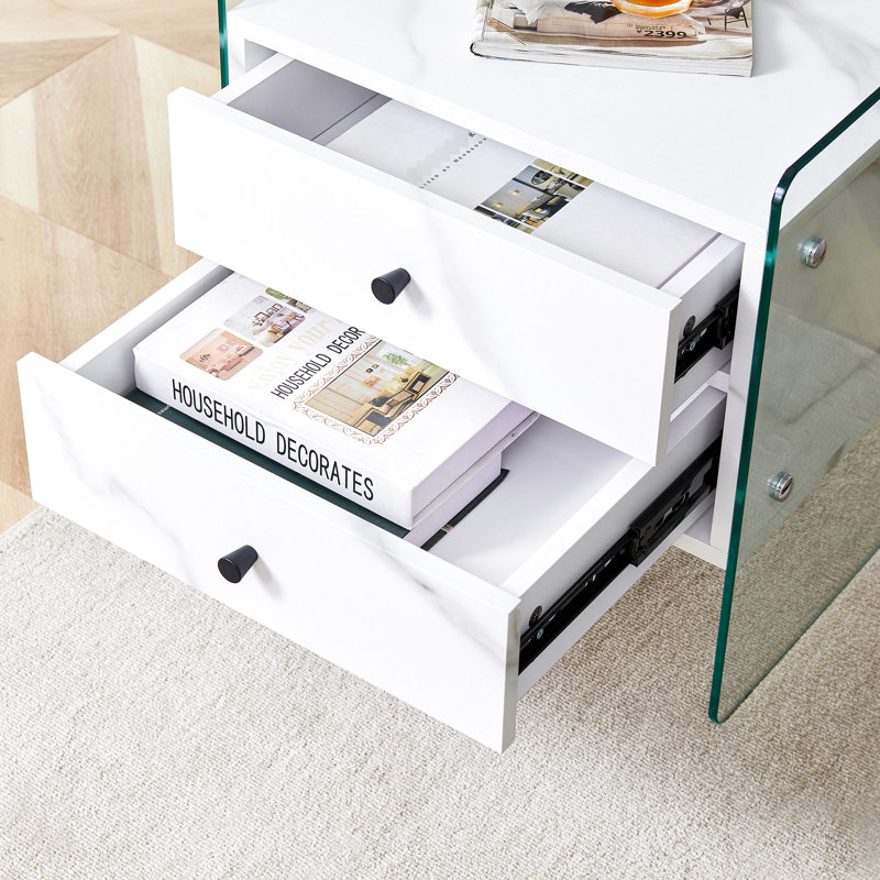 Table de chevet double à double tiroir avec verre transparent, conception simple pour un rangement ordonné dans de multiples espaces élégants qui ajoutent de la chaleur à la vie de bureau