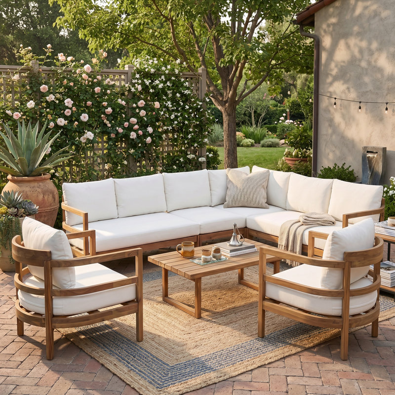 Ensemble de canapé modulaire d'extérieur en bois d'acacia 7 places, ensemble de patio modulaire