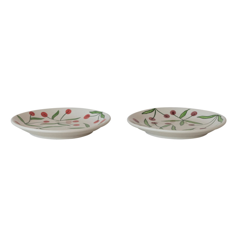 Round Hand-Painted Stoneware Plate with Cherry Fruit and Leaf Design