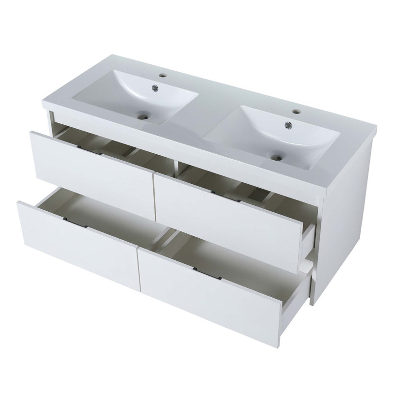 Meuble-lavabo 48 po avec lavabo double, lavabo en résine, 4 tiroirs à fermeture en douceur, Blanc