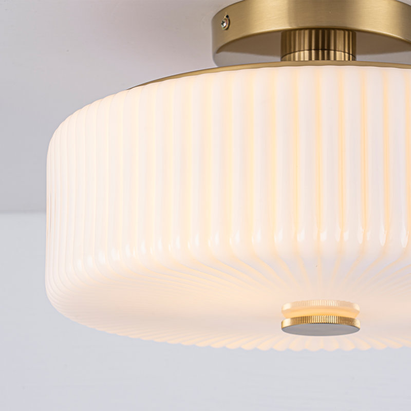 3 - Light Ribbied Glass Semi Flush Mount, Gold, White