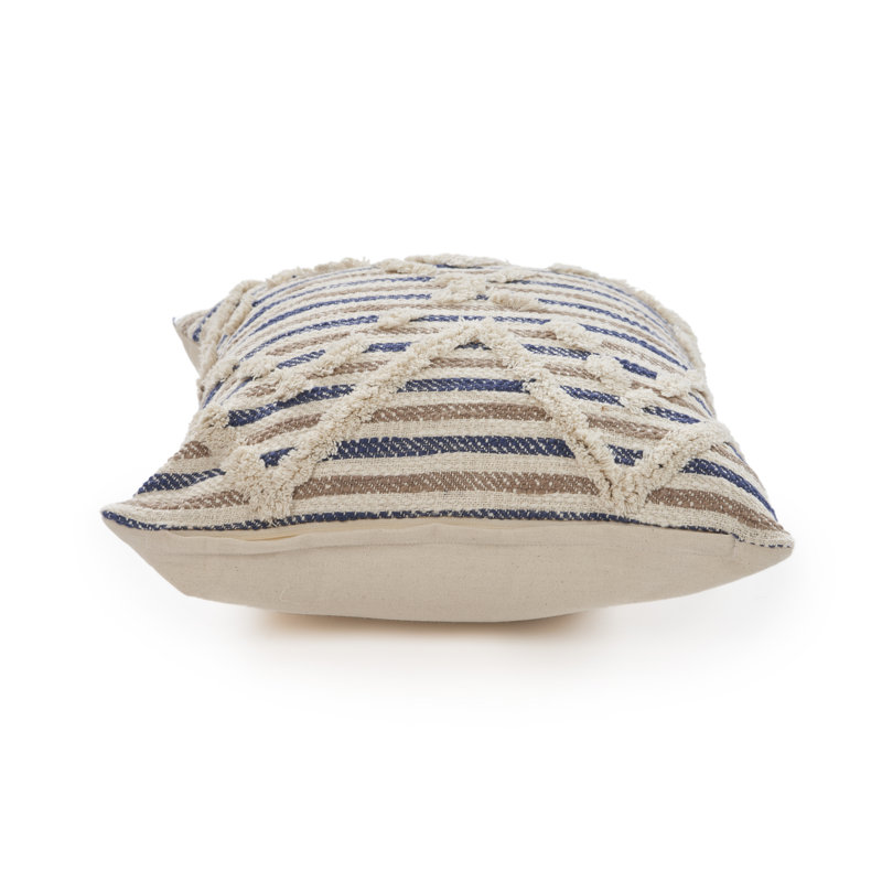 Ox Bay Textured Striped Blue and Beige Cotton Throw Pillow, 18" x 18"