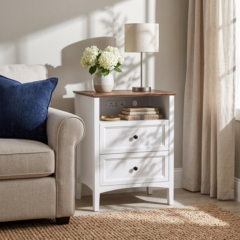 Table de chevet 2 tiroirs Modern Farmhouse avec tablette ouverte et plateau en grain de bois, Blanc