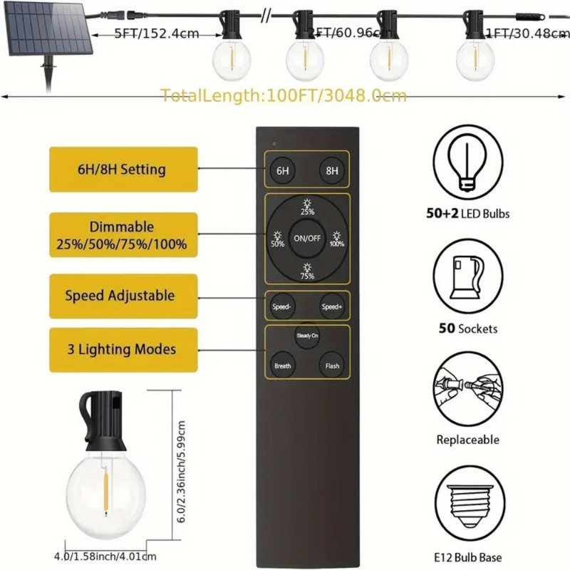 [Solar String Lights] Bosceos Solar String Lights 50FT/100FT - Dimmable G40 LED Patio Lights With 52 Shatterproof Bulbs, Remote, Solar Powered - For Outside Yard Decor, Halloween, Christmas Decoration